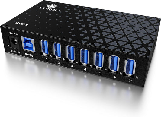 7 Port USB 3.0 Hub - Powered USB Hub –Multiple USB Splitter with Built-in 12V/3A/36W Power Adapter - Up to 5Gbps Sync & High-Speed Data Transfer - Mounting Brackets for Phone MB Laptop Tablet PC