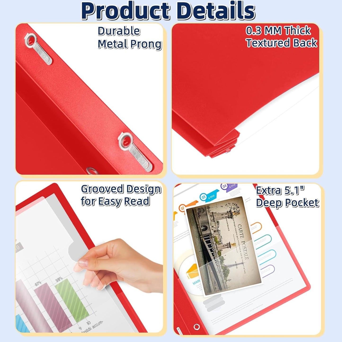 HAUTOCO 30 Pack Plastic Report Covers with 3-Prong Fasteners Clear Front Presentation Folders Resume Folders for 8.5x11 Letter Size Paper, Document Report Cover for School Office Business, Red