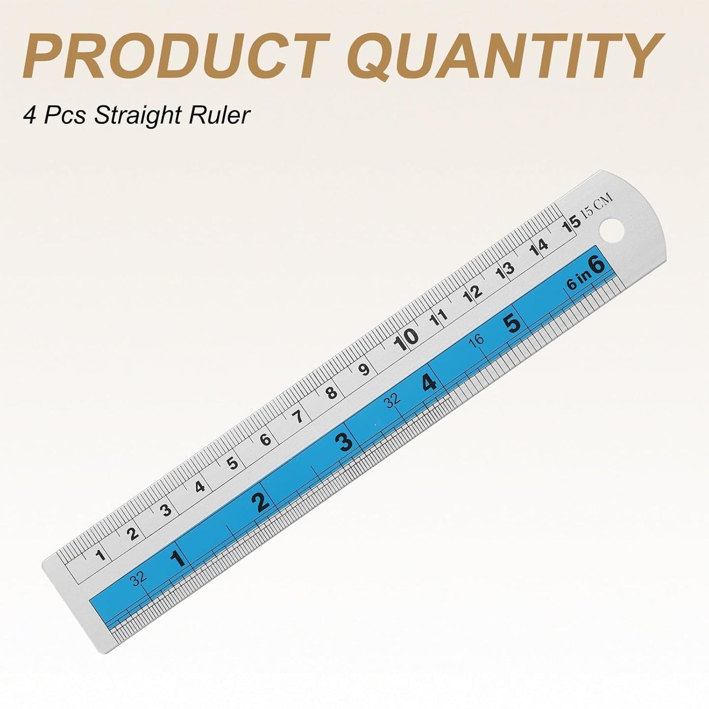 HARFINGTON 4pcs Metal Straight Ruler 15cm Metric SAE Aluminum Alloy Measuring Rulers Scale Tools with Hole for Measure Study Reading Classroom Office, Blue