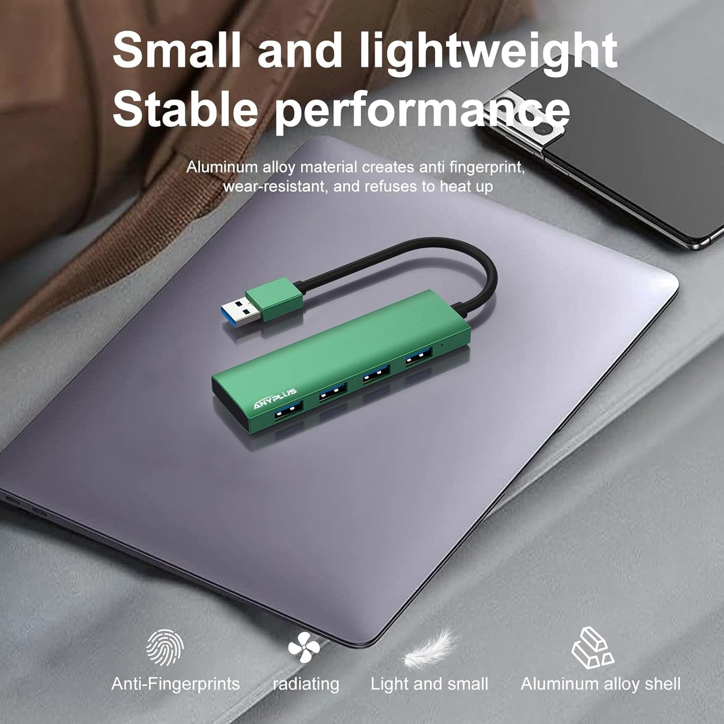 USB Hub, USB 3.0 Hub Aluminum Alloy Ultra Slim USB Splitter, Portable 4 Port USB Extender, USB Hub for Laptop, PC, MacBook, iMac, Surface Pro, Mac Pro, Flash Drive, XPS 【Green】