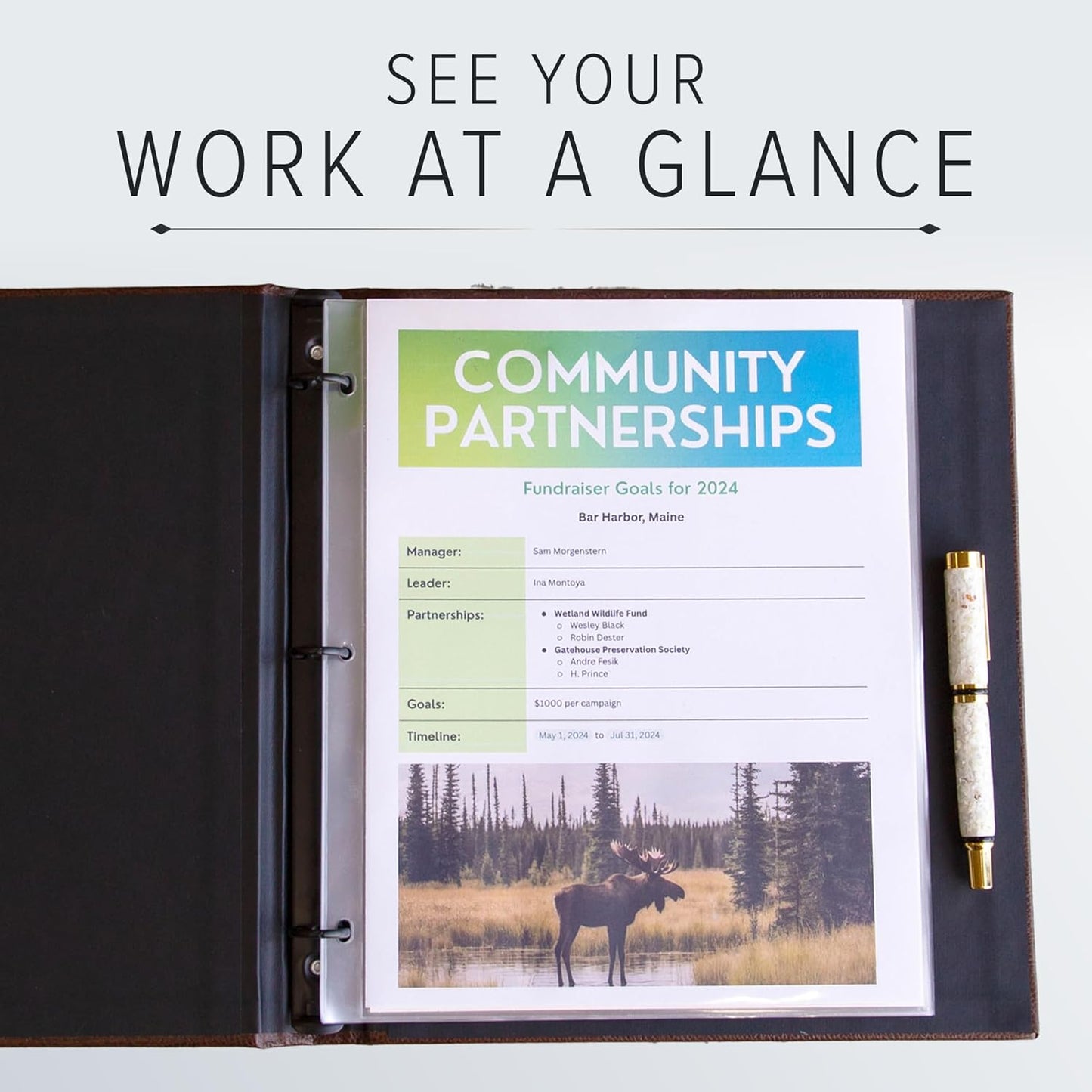 Gallery Leather 3 Ring Binder with Plastic Sleeves, Includes 10 Sheets, Sheet Size: 8.5" x 11" - Presentation Binder Rings with Window and Hubbed Spine, Thick: 0.75" Belfast Black