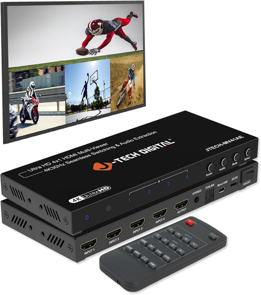 J-Tech Digital 4K HDMI Multiviewer Switch 4 in 1 Out, 4x1 4K 30Hz HDMI Quad Multiviewer Seamless Switcher with PiP, 6 Viewing Modes, Audio Extraction via Optical 3.5mm (JTECH-MV41AE)