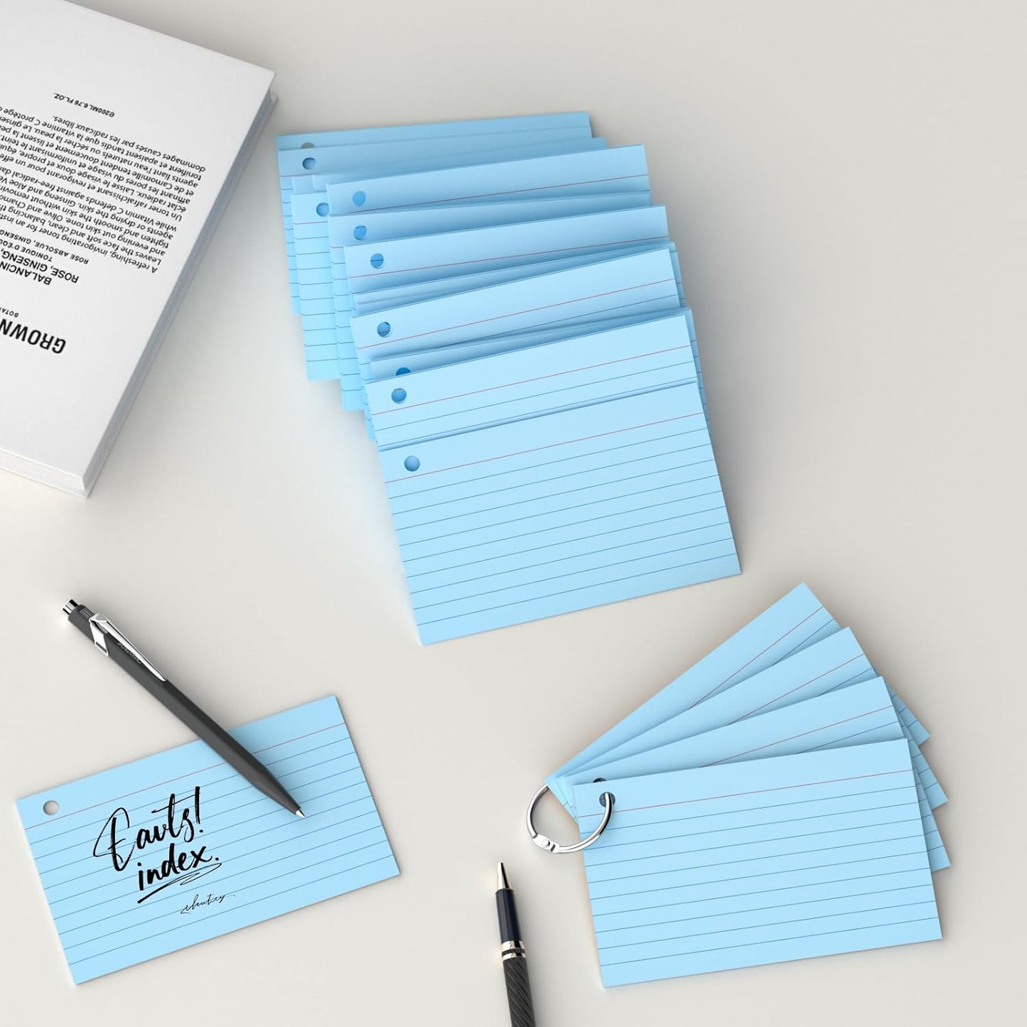 250 Count Blue Index Cards 3x5 Inch with Key Ring, Color Flash Index Card (50 Sheets Each), Durable & Portable Note Taking for Students, Teachers, Study Note Cards for Office Home School