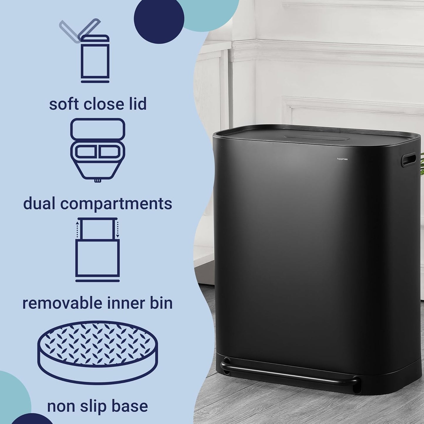 happimess HPM1014B Beni Kitchen 16-Gallon Double-Bucket Step-Open Trash Can with Soft-Close Lid, Modern, Minimalistic, Fingerprint Proof for Home, Kitchen, Laundry Room, Office, Bathroom, Black