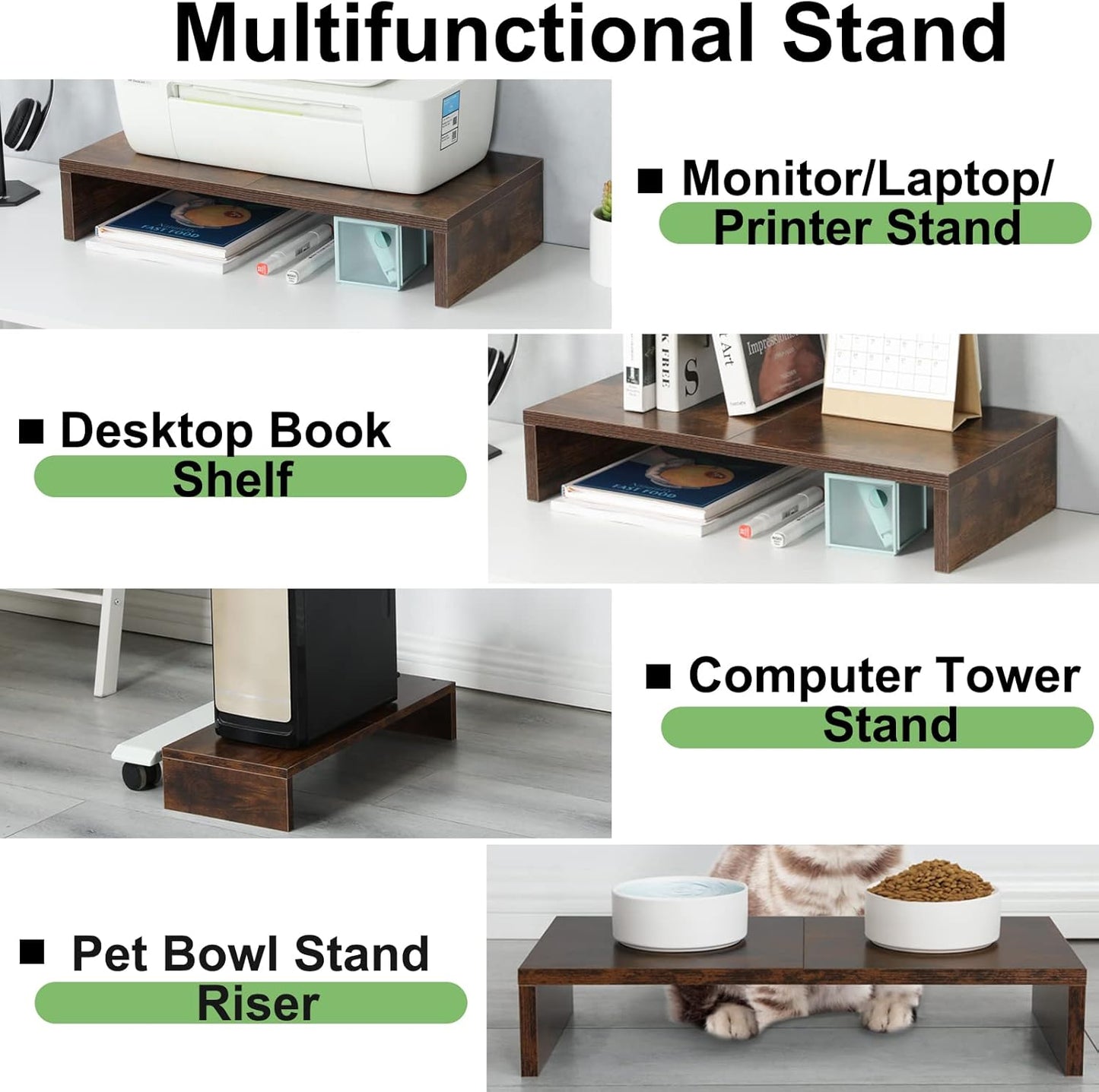 TEAMIX 2 Pack Monitor Stand Riser-20 inch, Wooden Tabletop Shelf for TV/PC/Laptop/Printer, Rustic Brown Monitor Riser with Storage, Computer Stand Ergonomic Design