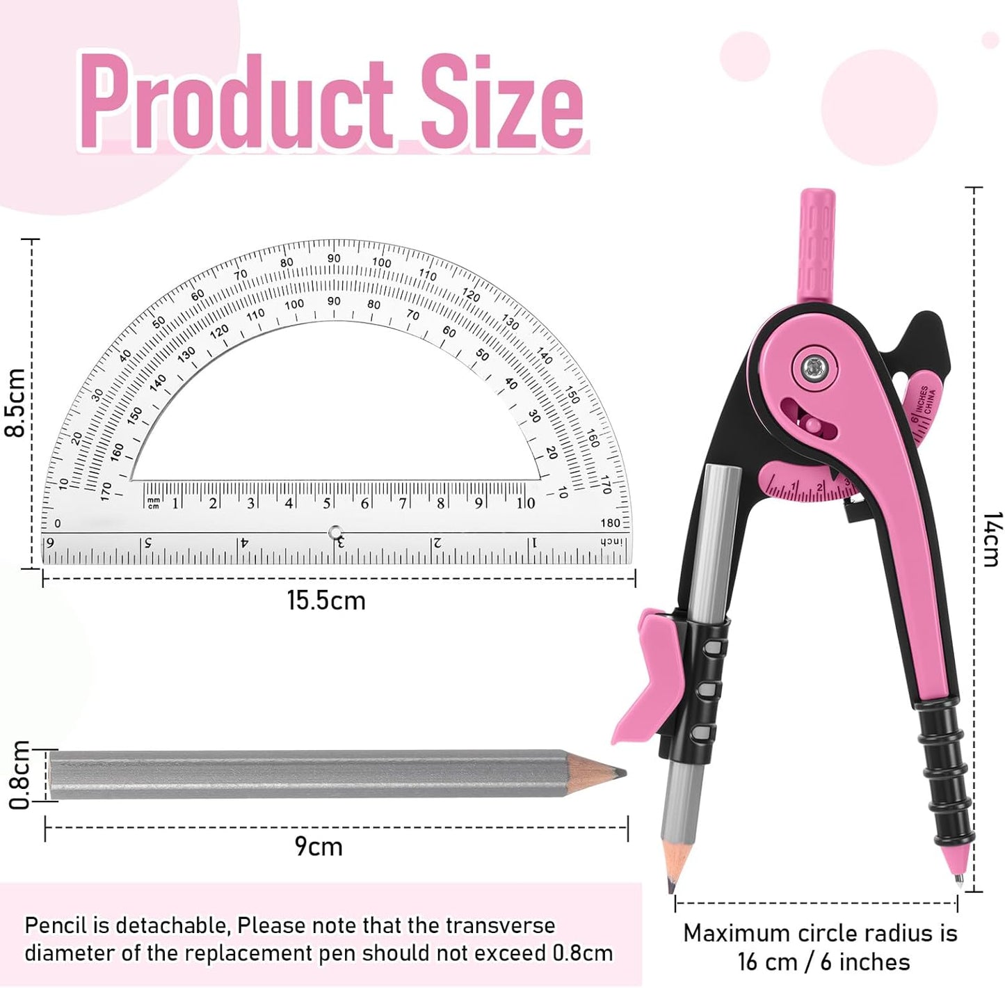EBOOT Student Geometry Math Set, Drawing Compass and 6 Inch Clear Swing Arm Protractors 180 Degree Math Protractor(Pink)