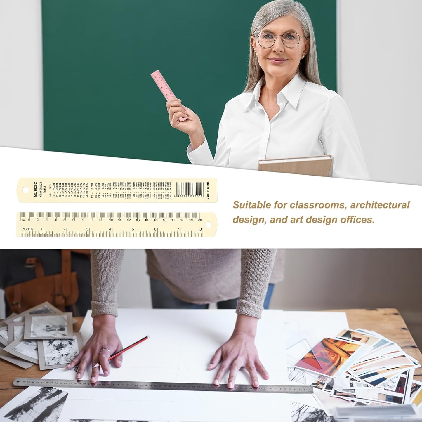 HARFINGTON 4pcs Metal Straight Ruler 20cm Metric SAE Aluminum Alloy Measuring Rulers Scale Tool with Hole for Measure Study Reading Classroom Office, White