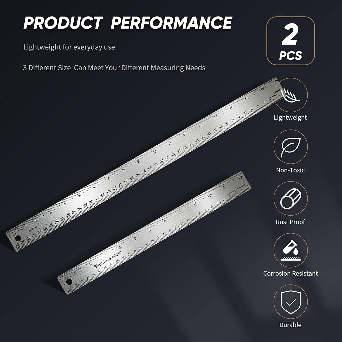 Frienda 2 Pcs Metal Ruler Cork Backed 12 Inch and 18 Inch Stainless Steel Rulers with Cork Backing Non Slip Straight Measure Edge for Student Graduation School Supply