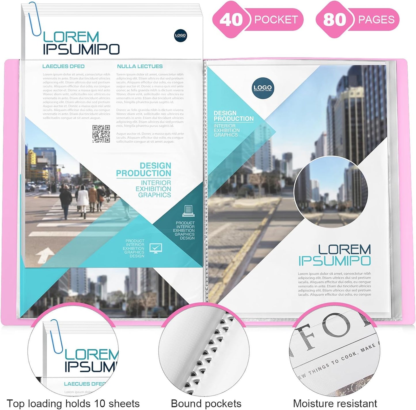 Marspark 6 Pcs Binder with Plastic Sleeves Large 8.5" x 11" Display Presentation Book 40 Pocket 80 Pages Art Portfolio Folder Clear Sheet Protector for Photo Document (Pink)