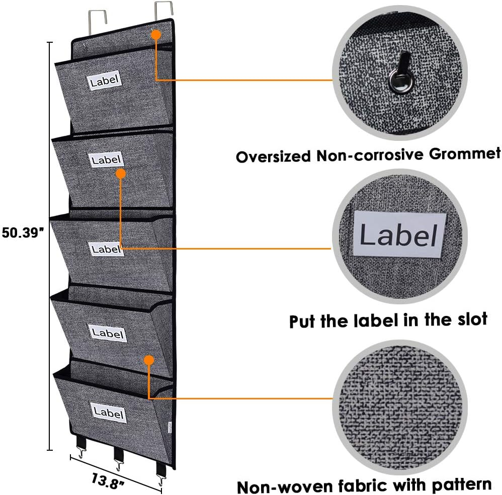 homyfort Over the Door File Organizer Hanging File Folders, Wall Organizers and Storage for Mail, Magazine, Notebooks, Planners, Office, Classroom, 5 Extra Large Pockets (Black with Pattern)