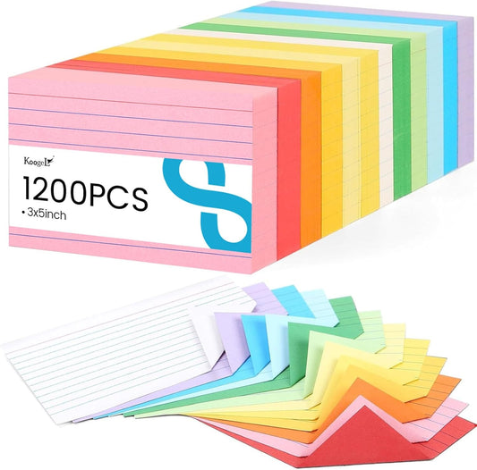 Koogel 1200PCS Index Cards 3x5, Colored Ruled Index Cards Bulk for Back To School, Heavy Notecards Memo Scratch Pad for Studying Teachers Classroom Note Taking Office College Supplies, 12 Colors
