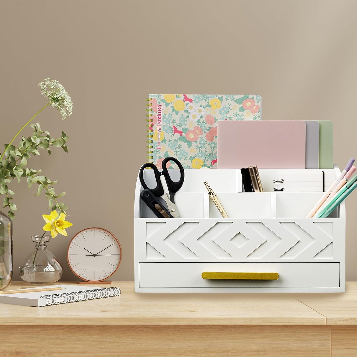 Wooden Desk Organizer Mail Organizer Countertop, Desktop Organizer Mail Sorter Mail Holder Bill Organizer for Desk, Desk Organizers and Accessories for Women (White)