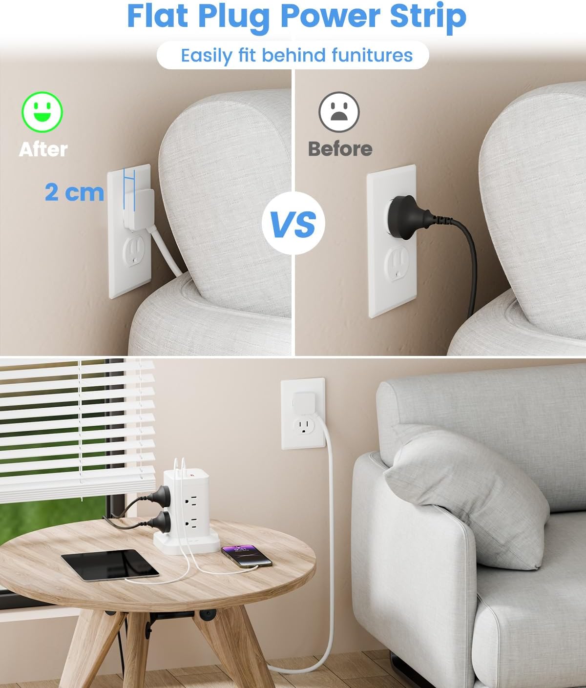 11-in-1 Power Strip Tower with Surge Protector 1800J, Fast Charging Tower PD20W USB-C Ports with 8 AC Outlets, 5ft Extension Cord for Home Office Dorm Room, White