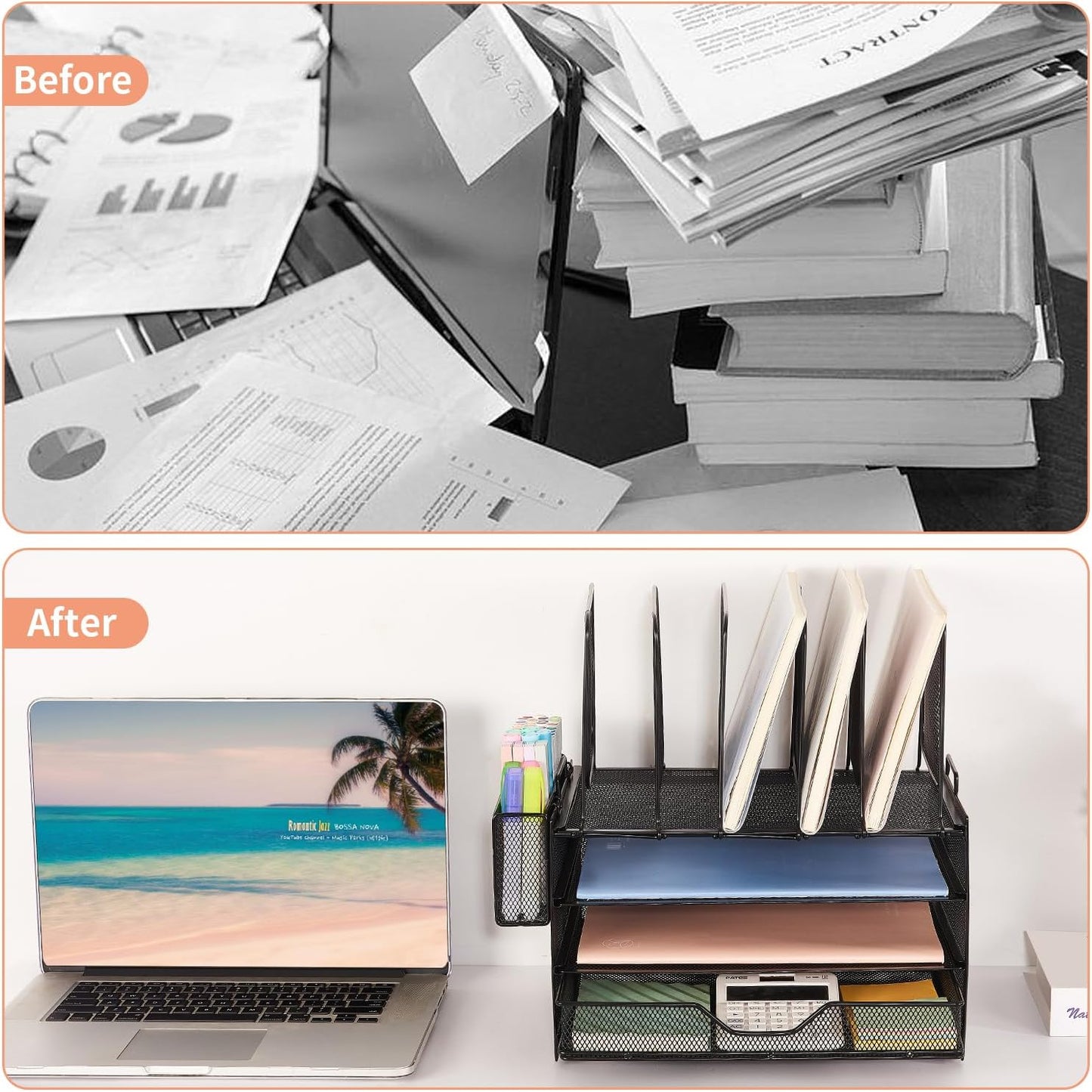 Desk Organizers and Accessories, 3-Tier Paper Organizer with 5 Vertical File Holders, File Organizer for Desk (Black With Drawer, 3T With Drawer)