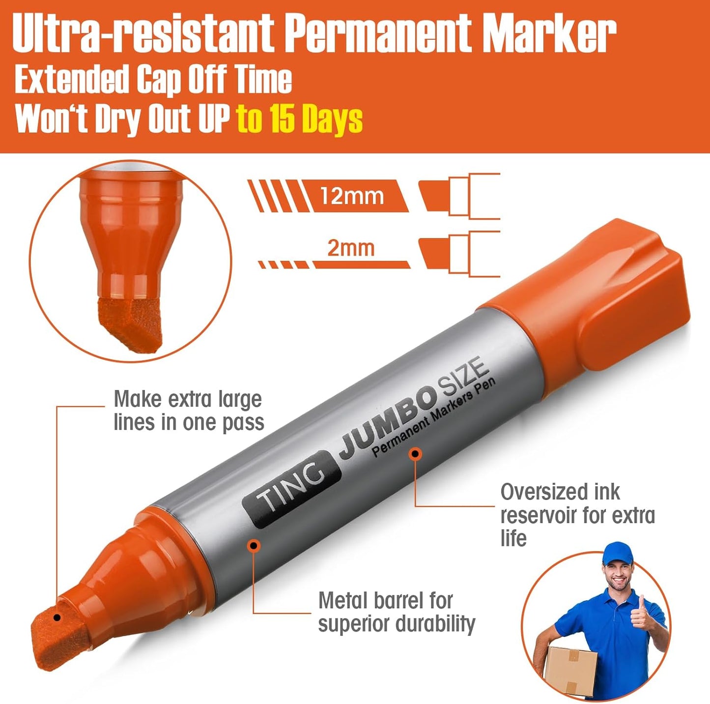 Fuutreo 10 Pack Jumbo Permanent Markers Bulk Large Chisel Tip Permanent Markers Quick Drying Waterproof Big Huge Poster Pens for Office, Logistics Company and More(Orange)