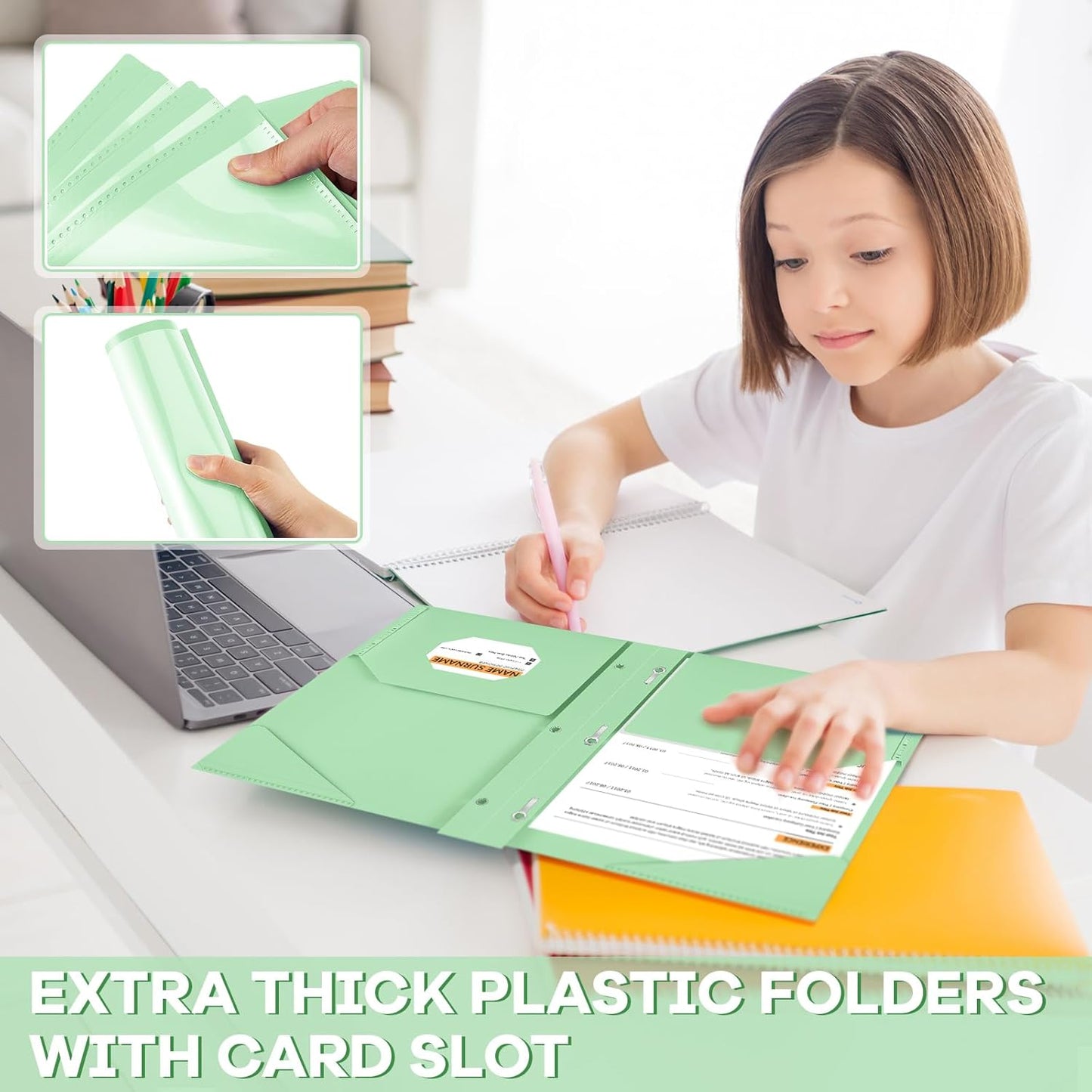 Henoyso 36 Pcs Plastic Folder with Clear Front Pocket and 3 Prong Plastic Folders with Card Slot Pocket Folders with Prongs for School Office (Light Green)