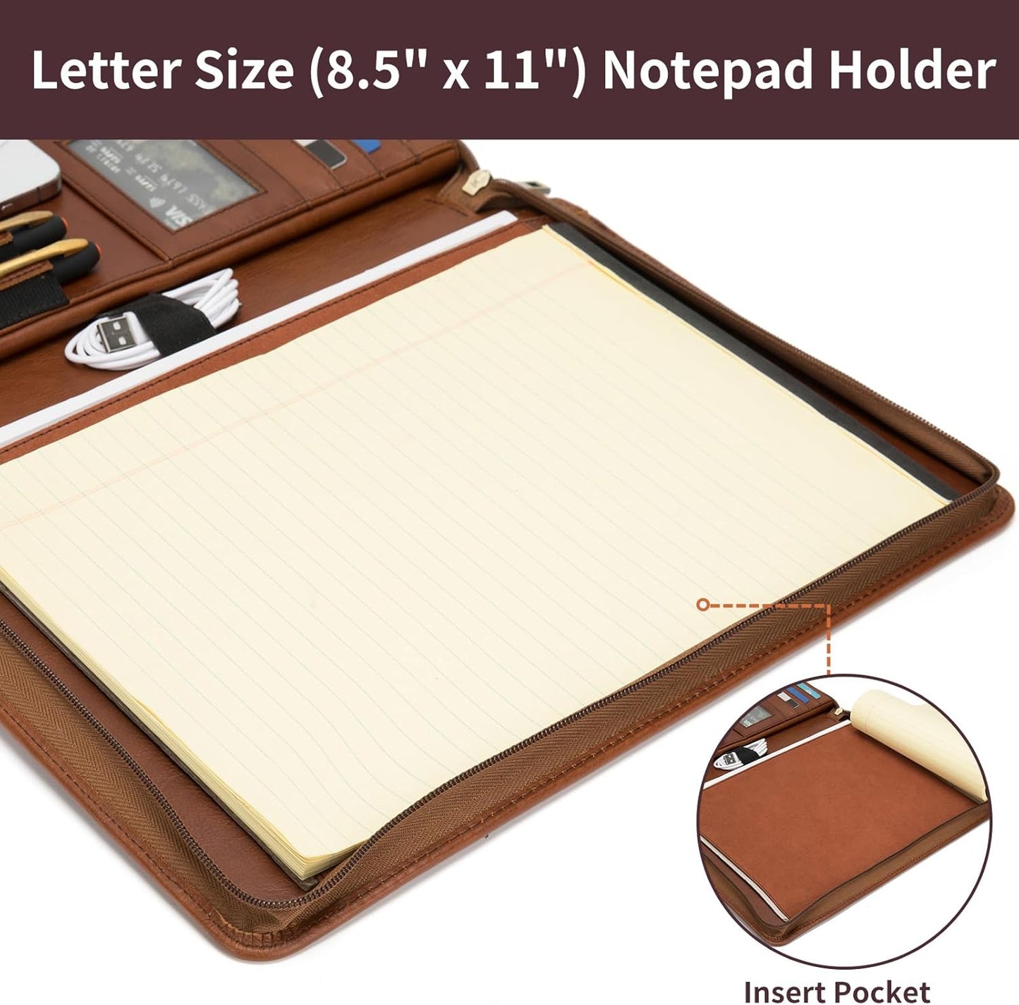 Genuine Leather Portfolio for Women and Men, 8.5 x 11 Legal Pad Padfolio, Zippered Notebook Organizer for 13” Laptop, Business Executive Professional Folio for Work, Brown, Oil Tanned