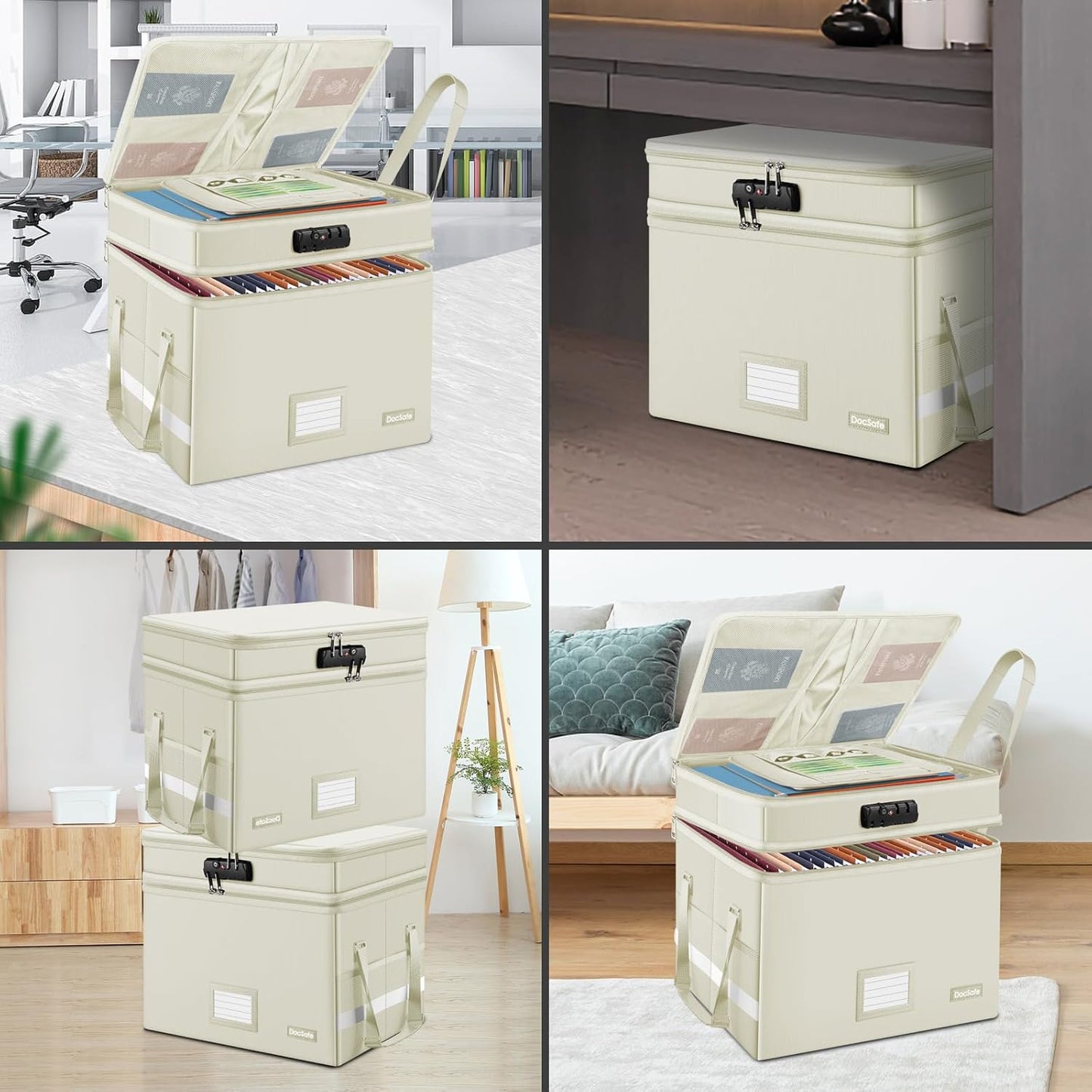 DocSafe File Box with Lock,Multi-Layer Fireproof Document Box Collapsible File Storage Organizer with Pockets/Handle,Large Portable Home Office Filing Box for Hanging Letter/Legal Size Folders,Beige