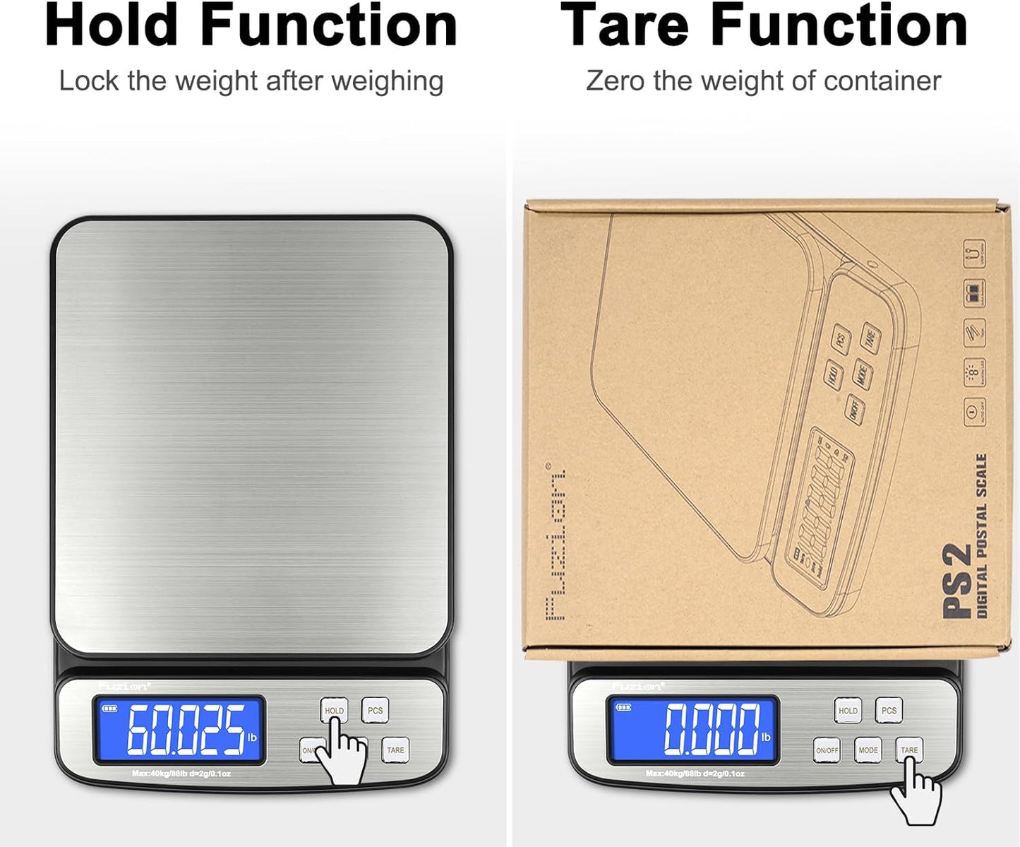 Fuzion Digital Shipping Postal Scale - 88lb x 0.1oz, Stainless Steel Platform, 5 Units, Hold/Tare/PCS Counting, Easy Calibration, Large LCD, Scale for Packages, All-in-1 Shipping Scale