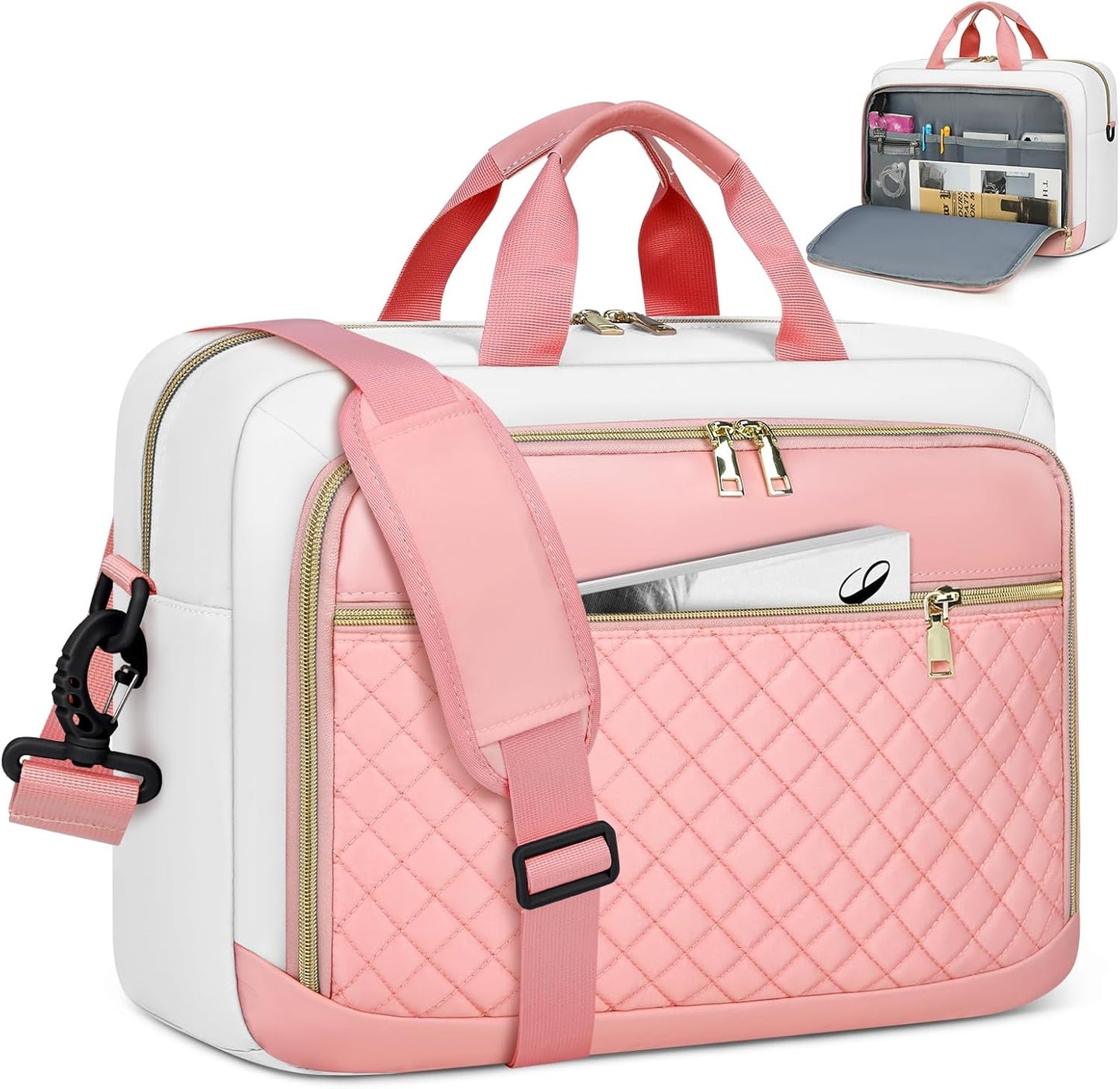 NEWHEY Laptop Bag 17.3 Inch Laptop Briefcase for Women Men Waterproof Shoulder Messenger Bag Large Computer Bag for Business Office Work College, Pink&Beige