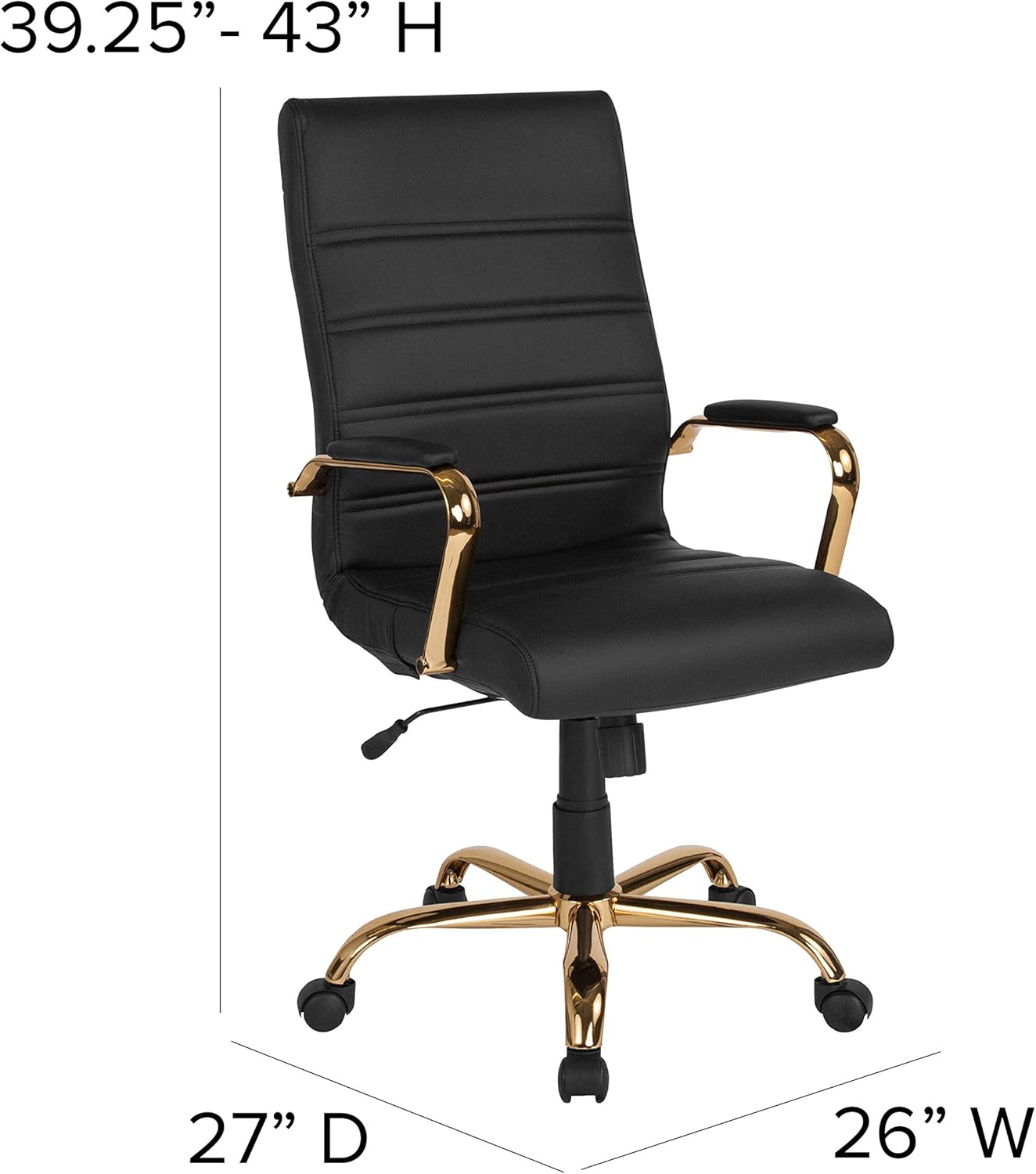 Flash Furniture Whitney High-Back Swivel LeatherSoft Desk Chair with Padded Seat and Armrests, Adjustable Height Padded Office Chair, Black/Gold