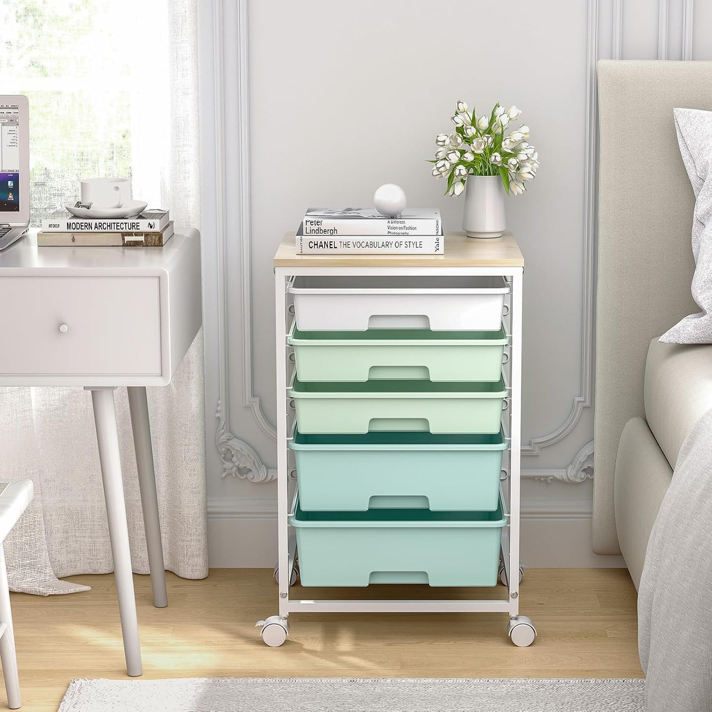 Craft cart,Rolling Cart with Drawers,Storage Cart with 5 Drawers and Wooden Tabletop for Under Desk Organizers and Storage,Green