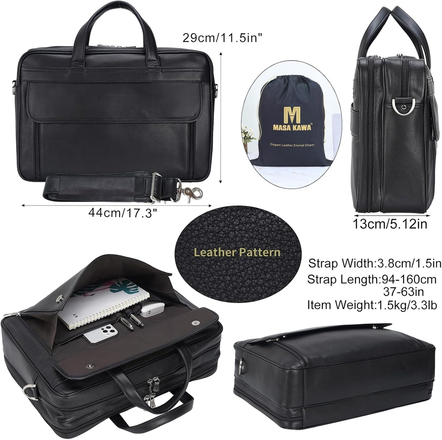 Masa Kawa Leather Briefcase for Men 15.6", 17" Laptop Computer Case Business Travel Work Messenger Cross Body Shoulder Bag