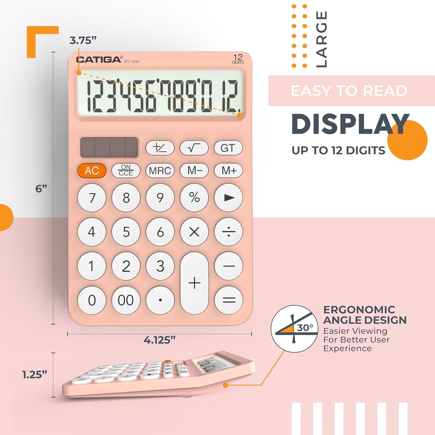 CATIGA 12 Digit Desktop Calculator Basic Desk Calculator with Large LCD Display, Big Buttons, 4 Function, Solar and Battery Dual Power, for Office, School, Home, SD-1292 Pink