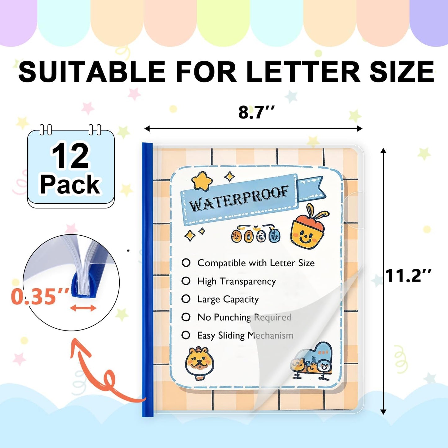 TOTiyea 12 Pack Clear Report Covers with Sliding Bars, 9mm (70 Sheet Capacity) Blue Sliding Bar File Folders, for Letter Size