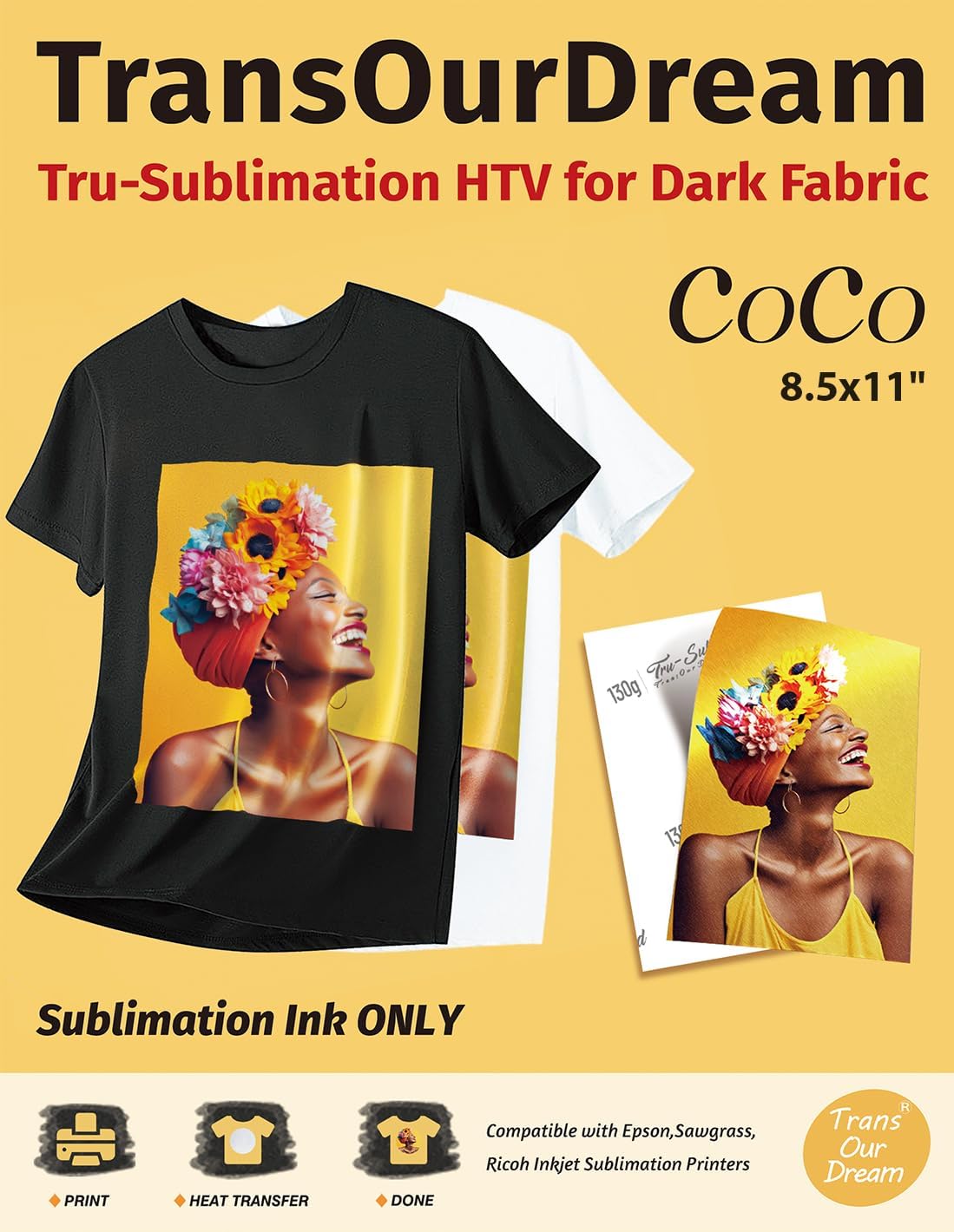 TransOurDream Tru-Sublimation Blanks CoCo Sets, Silky Fabric 10 Sheets for Cotton, Light/Dark Fabrics and Sublimation Paper 130g 30 Sheets 8.5x11’’