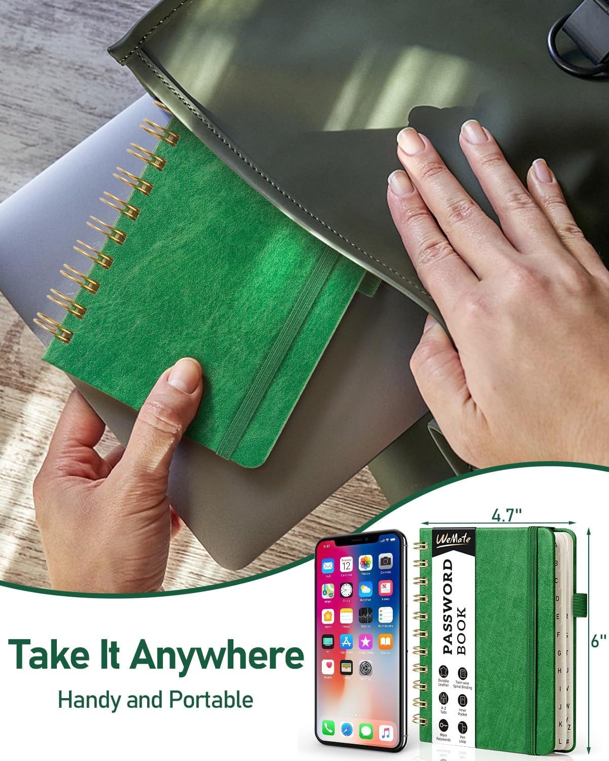 WEMATE Password Book with Alphabetical Tabs, Spiral Password Keeper Book for Seniors, Internet Password Notebook Password Journal Logbook Log in Detail, Small – 4.7''x 6'' (Grass Green)