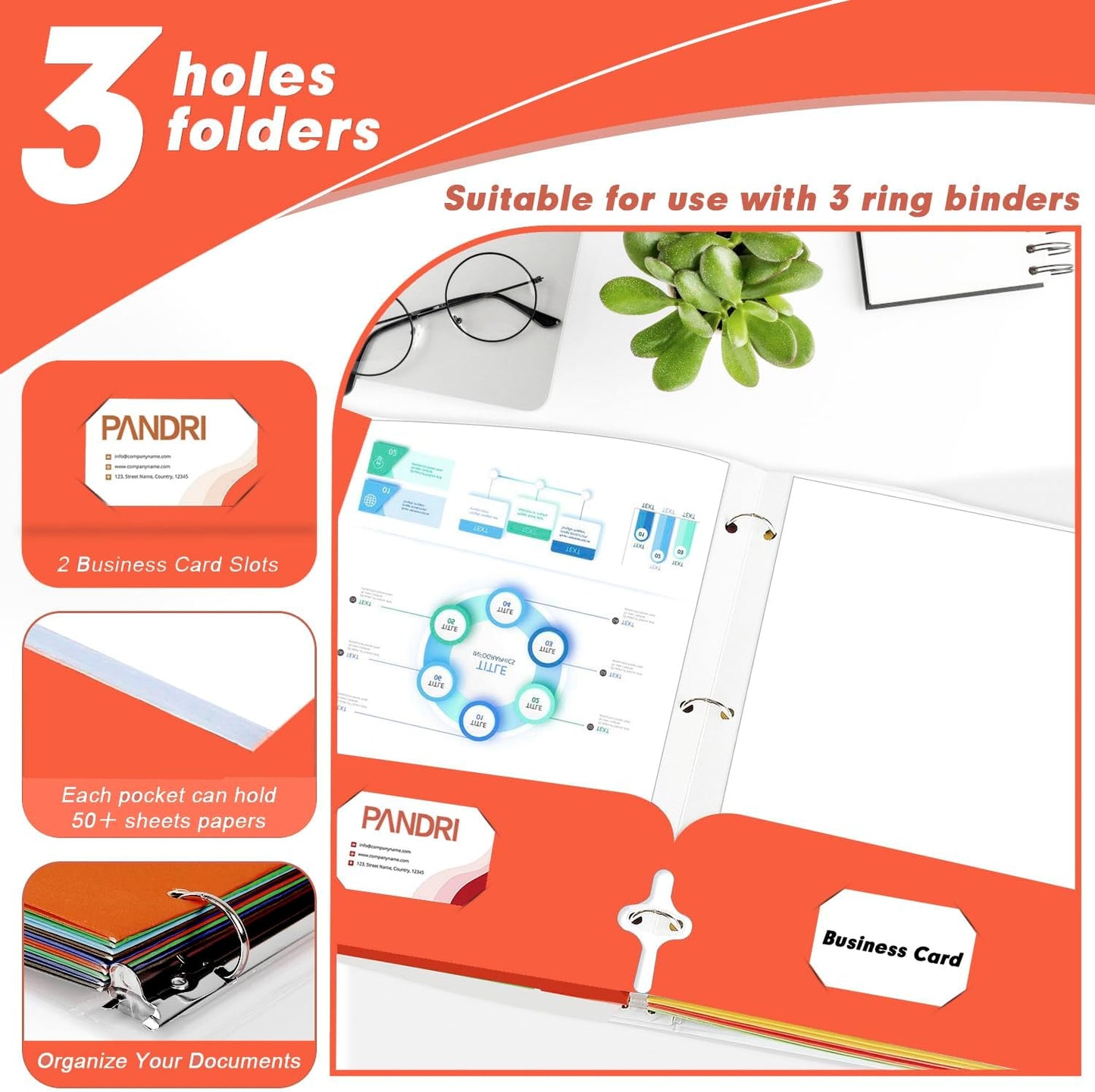 Two Pocket Portfolio Folders, PANDRI 60 Pack 3 Hole Punched 2 Pocket Folders for 3 Ring Binder, Letter Size Paper File Folder for School Office Home Business, Red