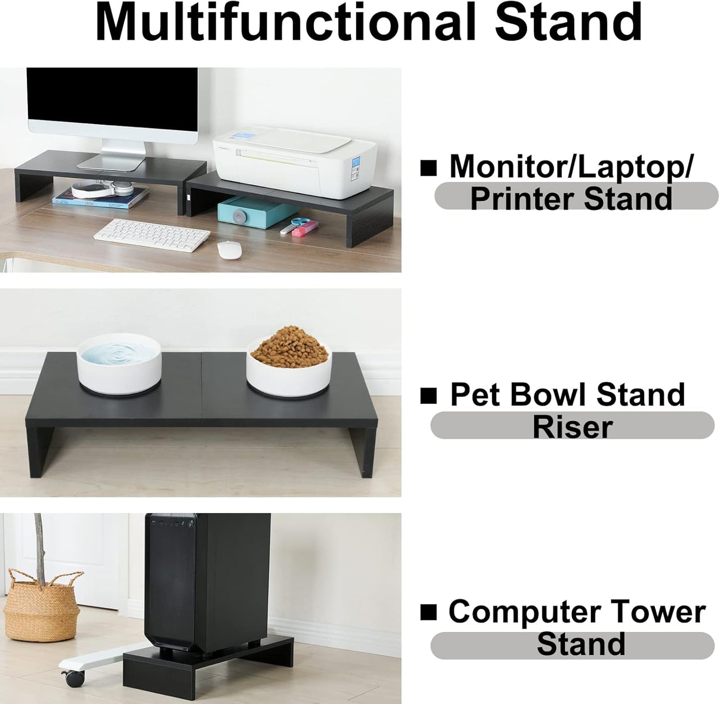 TEAMIX 2 Pack Monitor Stand Riser-20 inch, Black Desktop Stand for PC/TV/Laptop/Printer, Keyboard Shelf Organizer Wood Monitor Riser with Storage