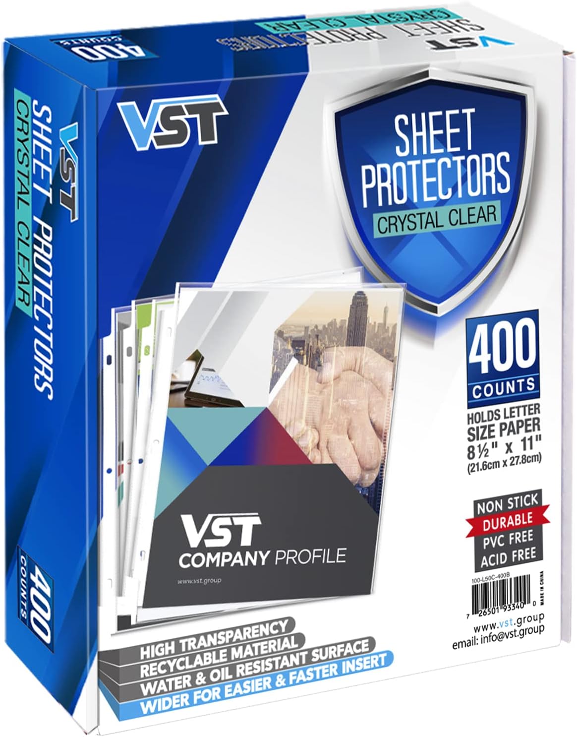 VST Sheet Protectors 8.5 x 11 Inch for 3 Ring Binder, Crystal Clear Page Protectors, Medium Weight Plastic Sleeves, Top Loading Paper Protector Acid Free, Letter Size, Dry Erase Pocket, 400 Sheets