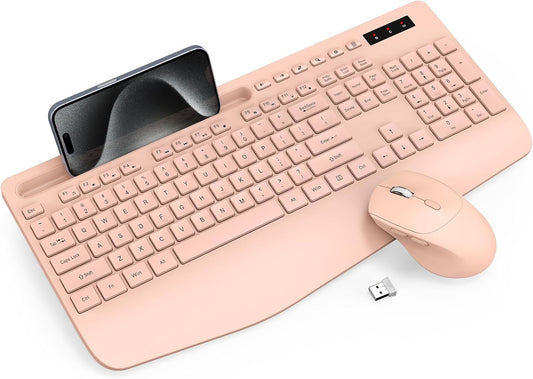 Trueque Wireless Keyboard and Mouse Combo - Full-Sized Ergonomic Keyboard with Wrist Rest, Phone Holder, Sleep Mode, Silent 2.4GHz Cordless Keyboards Mice Set for Computer, Laptop, PC, Windows (Pink)
