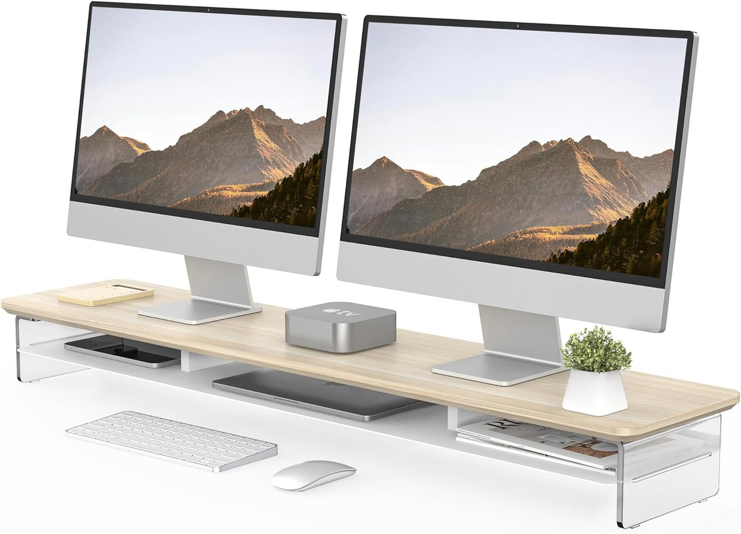 Fenge Acrylic Monitor Stand Riser, 42.5 Inches Dual Monitor Stand with Metal Storage, 2 Tier Acrylic Computer Riser for Desk, Clear Laptop Stand for PC, Laptop, Printer, TV, Oak