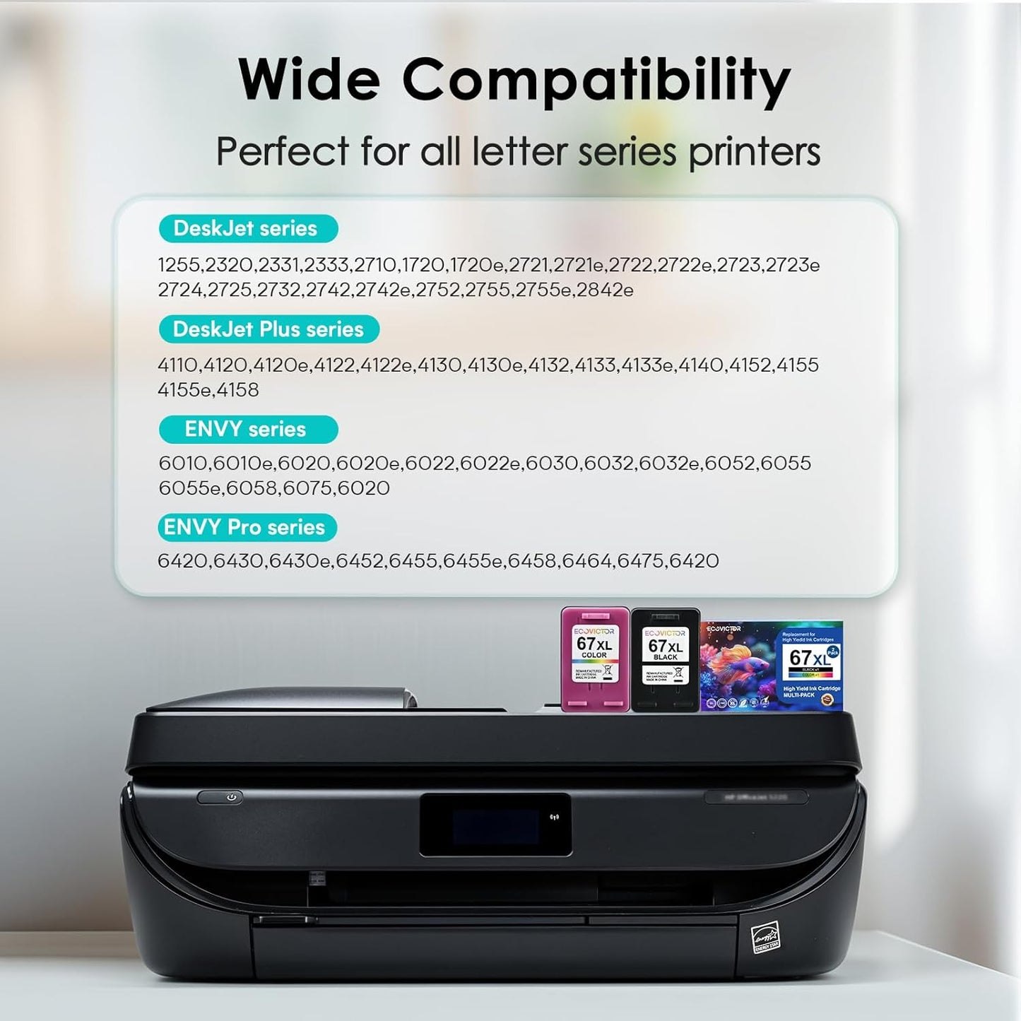 EcoVictor Remanufactured 67XL Ink Cartridge Replacement for HP Ink 67 XL HP67XL Black and Color Combo 2 Pack for DeskJet 4155e 2755e 2700 2700e 4100 4100e 2320 Envy 6000 6055 6400 6055e 6455e Printer