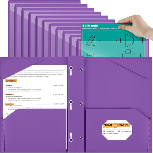 Henoyso 18 Pcs Plastic Folder with Clear Front Pocket and 3 Prong Plastic Folders with Card Slot Pocket Folders with Prongs for School Office (Purple)