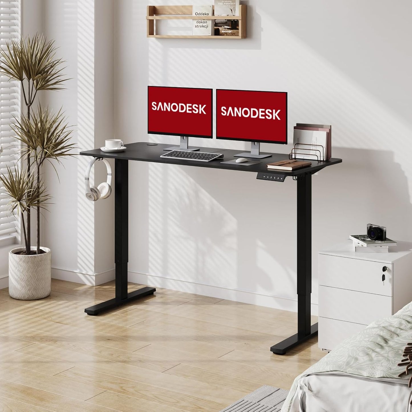 SANODESK Electric Standing Desk 63x24 Inch Height Adjustable Stand Up Desk Home Office Computer Workstation Sit Stand Home Office Desk with Splice Board (Black Frame + Black Top)