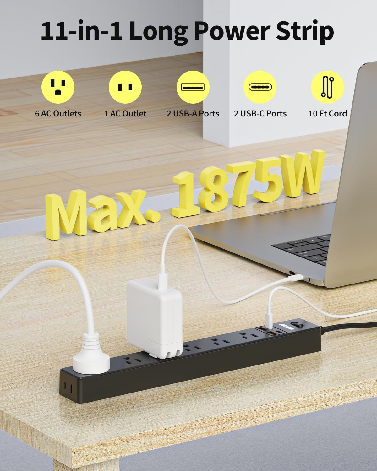 10 Ft Power Strip Surge Protector - 7 Outlets 4 USB Ports (2 USB C), Ultra Thin Flat Extension Cord & Flat Plug, 1700 Joules, Wall Mount, Desk Charging Station for Home Office Dorm, Black
