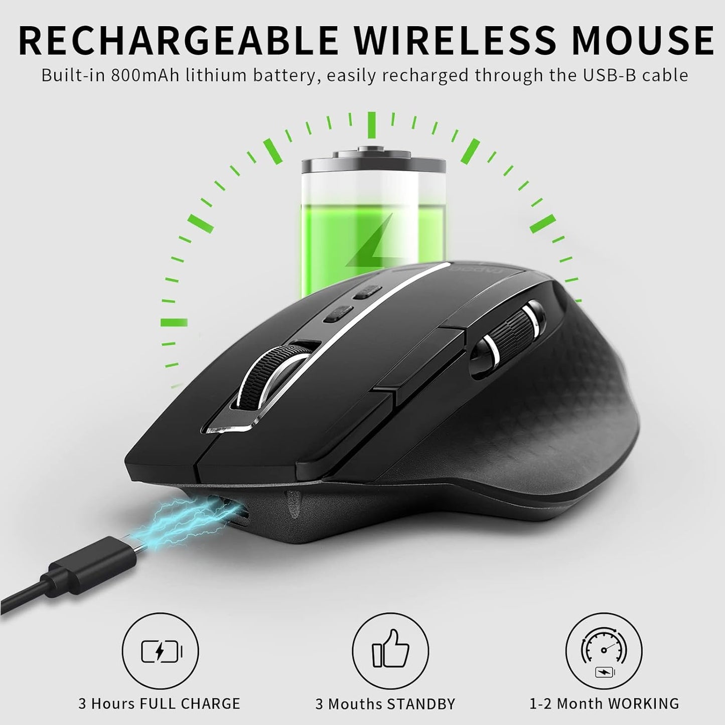 Rapoo Bluetooth Wireless Mouse, 4 Adjustable DPI Rechargeable, Multi-Device (3 Bluetooth+USB) Programmable Ergonomic Mouse with Side Roller, Laser Mouse for Laptop Desktop PC