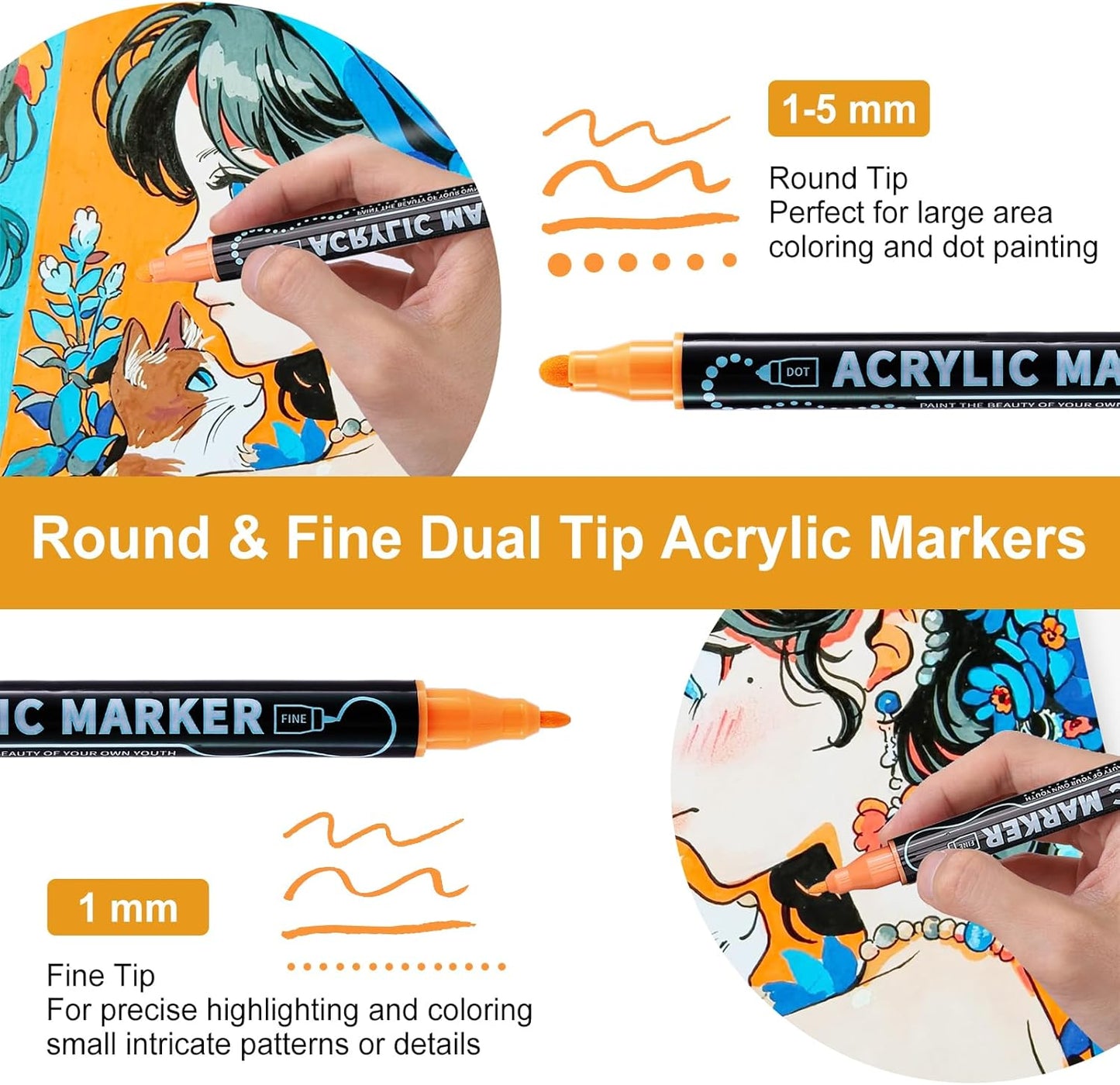 12 Colors Waterproof Dual Tip Acrylic Paint Pens, Dot & Fine Tip Premium Coloring Drawing Markers Set for Wood, Rock Painting, Canvas, Glass, Ceramic Surfaces and DIY Crafts Making Art Supplies