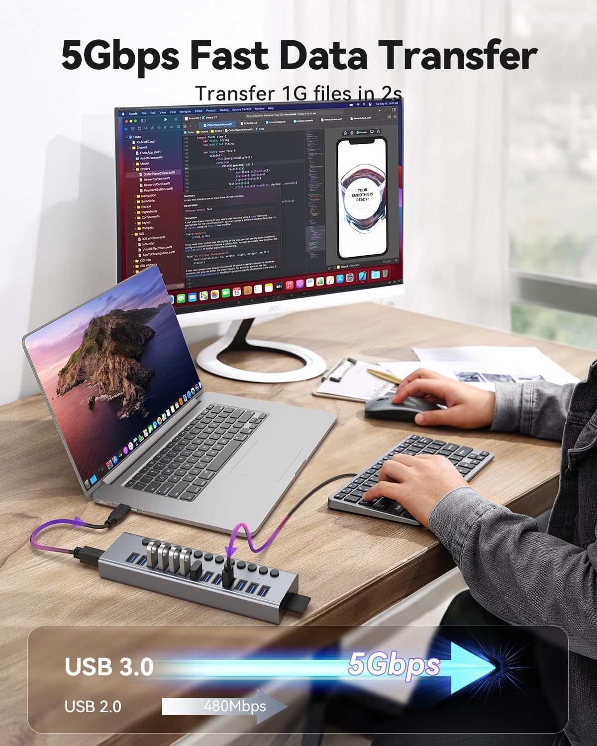 Powered USB 3.0 Hub, Wenter 13 Ports Powered USB Hub with SD/TF Card Reader, Aluminum USB Splitter with Individual On/Off Switches, 12V/3A 36W Power Adapter for PC/Laptops