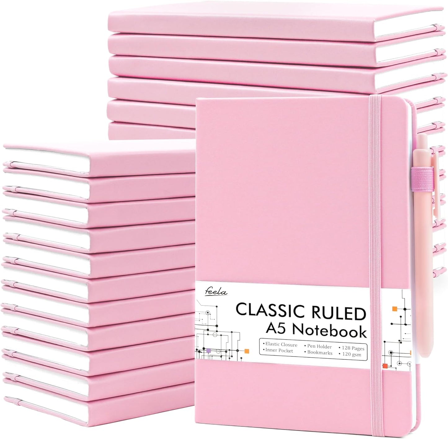 feela 24 Pack Journal Notebook Bulk for Work, Business Notebook Hardcover Lined Writing Journal with Pen Holder for Men Women Note Taking, with 24 Black Pens, 120 GSM, 5.1”x8.3”, A5, Rose Pink