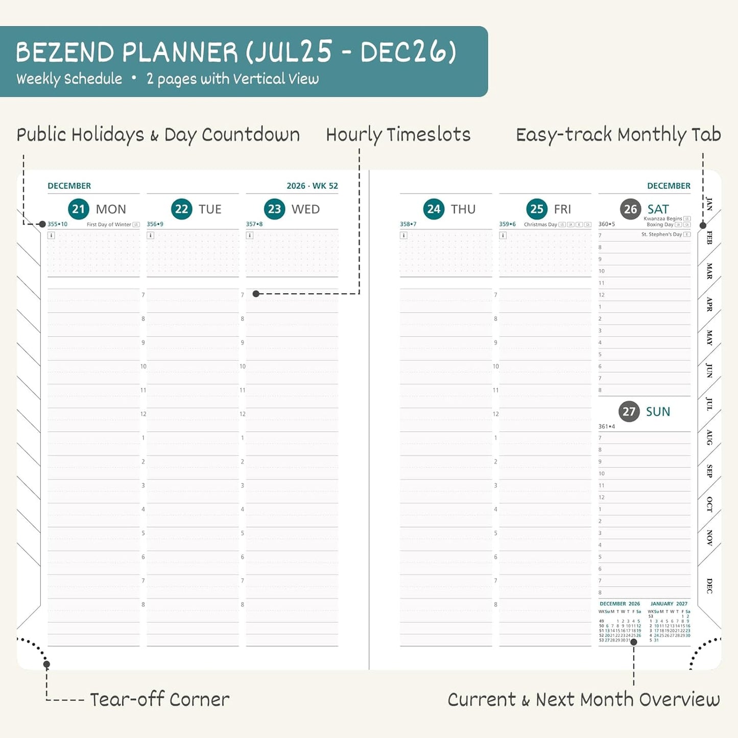 BEZEND Planner 2025-2026 Weekly and Monthly, 8.5" x 11" Academic Calendar (Jul 25-Dec 26) Vertical Daily Appointment with Hourly Timeslot & Monthly Tab, PU Leather Hardcover - Turquoise