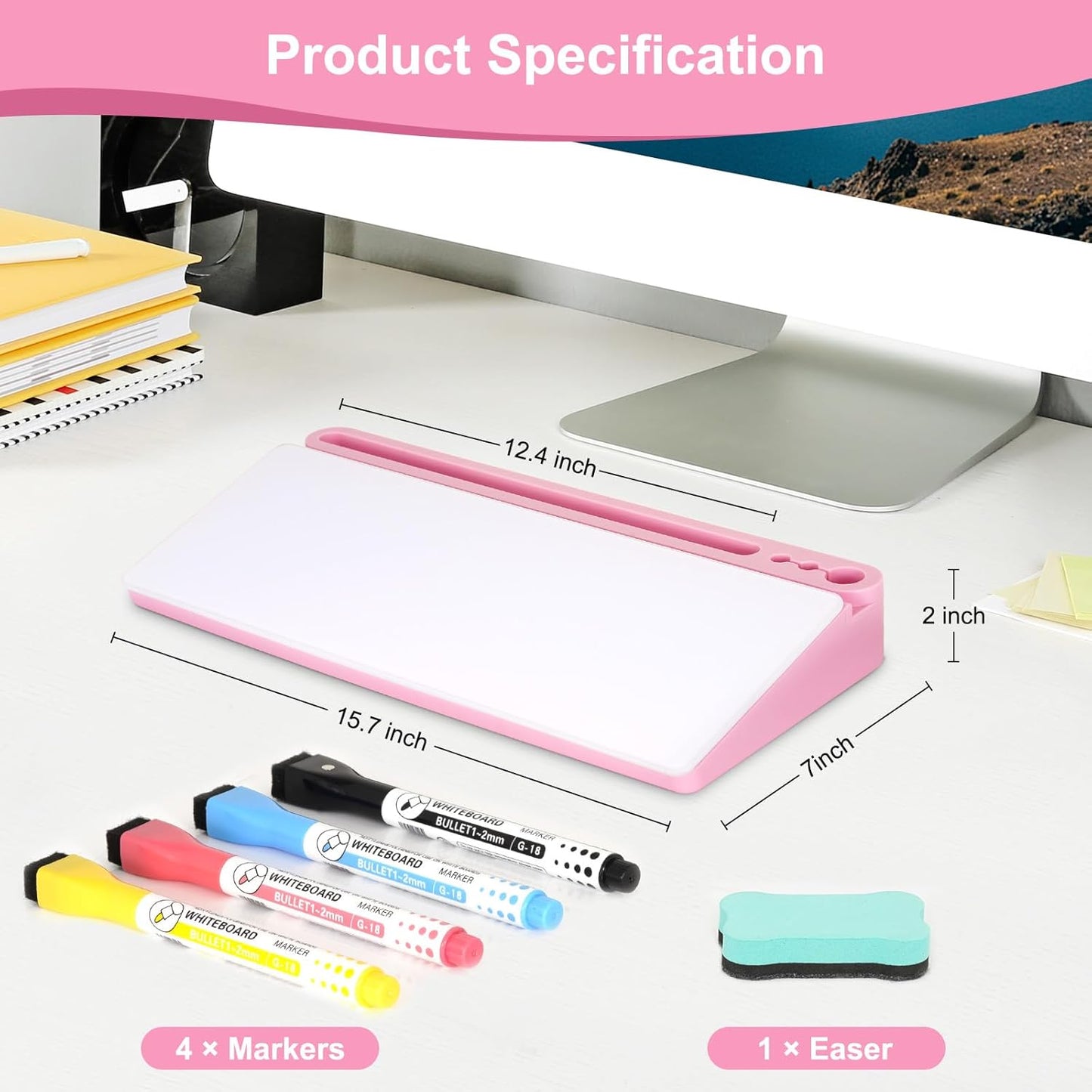 Desktop Glass Whiteboard with Storage, Pink Desk Dry Erase White Board with Computer Keyboard Stand, Desk Organizers and Accessories with Removable Cubicles for Office, Home, College, School