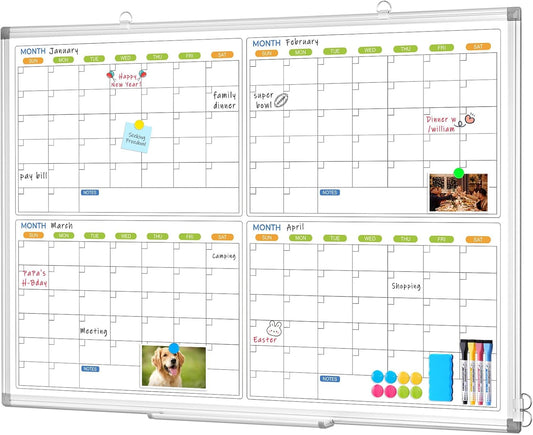 Dry Erase Calendar for Wall 4 Month, WALGLASS 36" x 24" Large Double-Sided White Board Calendar, Dry Erase Monthly Planner Board, Silver Aluminum Frame Hanging Wall Mounted for Office Home School
