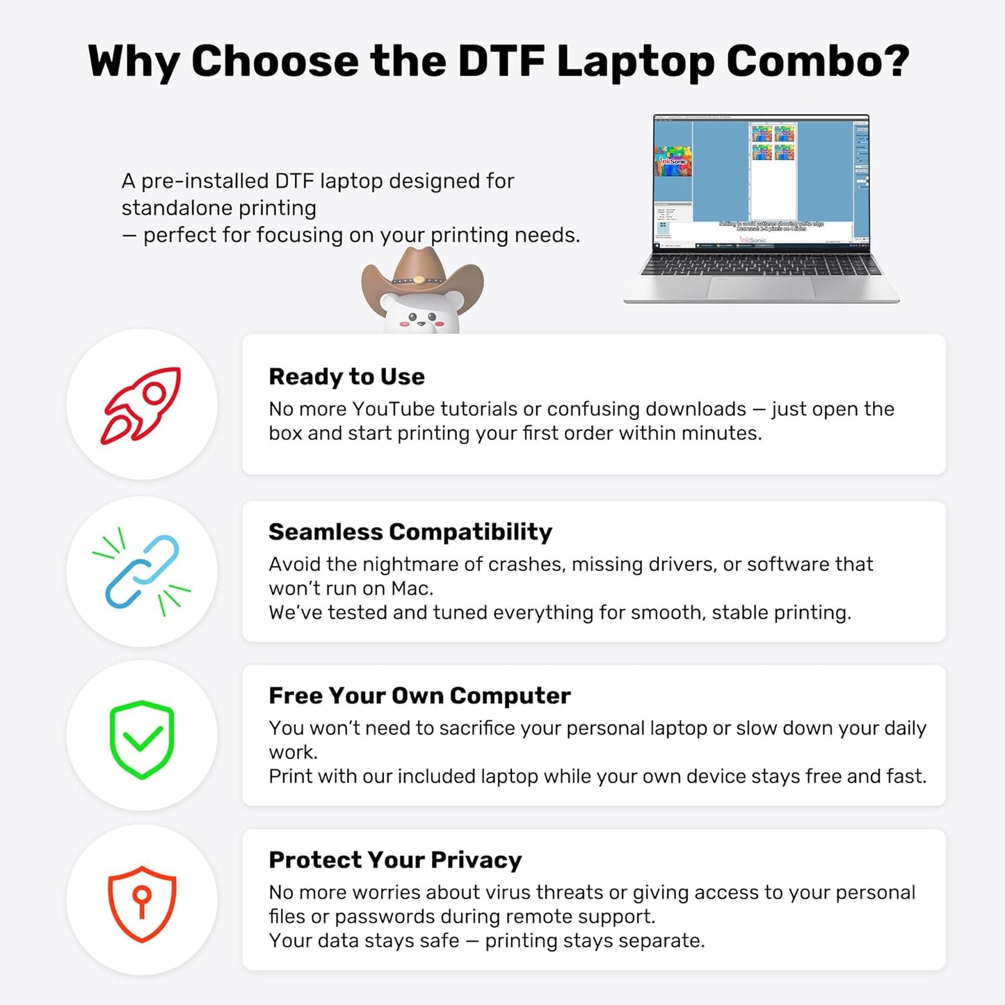 InkSonic R1390 DTF Printer Machine, A3 T shirt printing Machine With Laptop, 13" Format DTF Printer Bundles, Direct to Film Heat Transfer, T-Shirt Maker for Clothes Design, White Ink Circulation