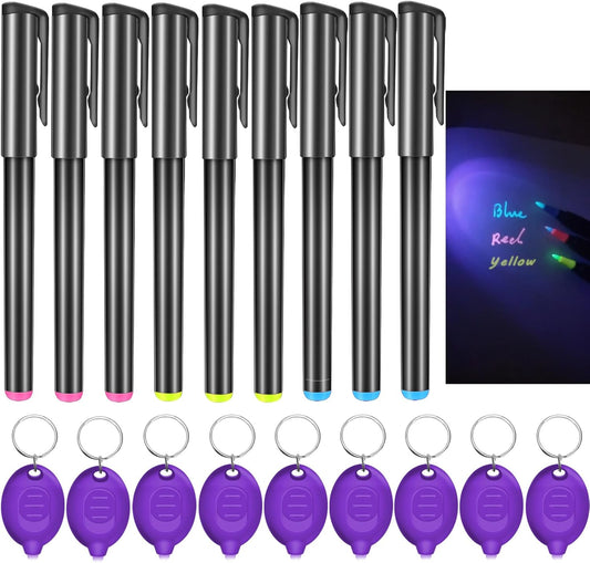 Invisible Ink Pen, Spy Pen with 9 PCS Mini UV LED Keychain Flashlight, Disappearing Ink Magic Pens with Black Light Markers for Secret Notes, Fit for Christmas Halloween Holiday Gifts (9 PCS)