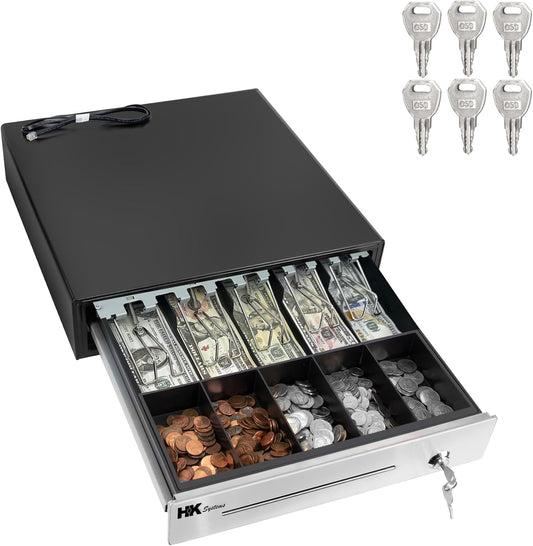 HK SYSTEMS 16inch "Stainless Steel" Front Heavy Duty Black POS Cash Drawer with 5Bill/5Coin